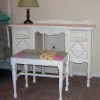 Antique Vanity Desk and Bench-This old vanity came in numerous pieces.  It required rebuilding the drawers and bench, retightening the legs and refinishing and painting the entire piece to get it fully restored.